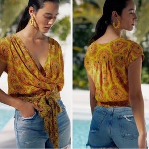 Maeve yellow viscose faux wrap blouse NWOT